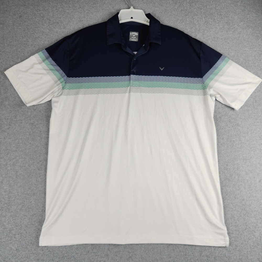 Callaway Polo Mens L Blue White Chevron Opti-Dri Golf Performance Short Sleeve